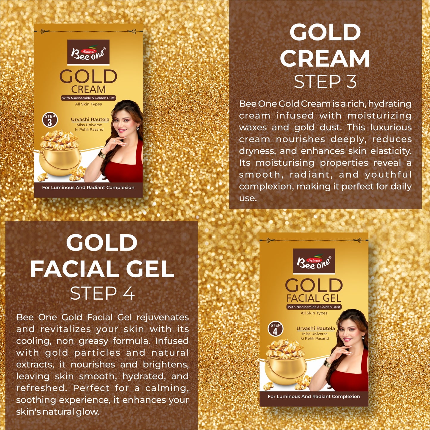 Bee One Gold Facial Kit 26g (Pack of 2) | With Niacinamide & Golden Dust | For Radiant Skin and Youthful Glow | Fights pigmentation and prevents Acne | Suitable for All Skin Types