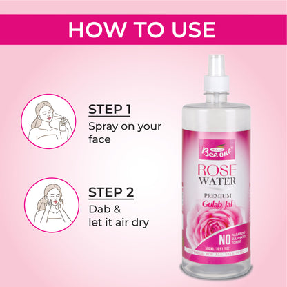 Bee One Rose Water 500ml | Natural Facial Toner & Cleanser | Hydrating Face Mist & Makeup Setting Spray for Glowing Skin | Pure Gulabjal for Pore Care, Brightening & All Skin Types