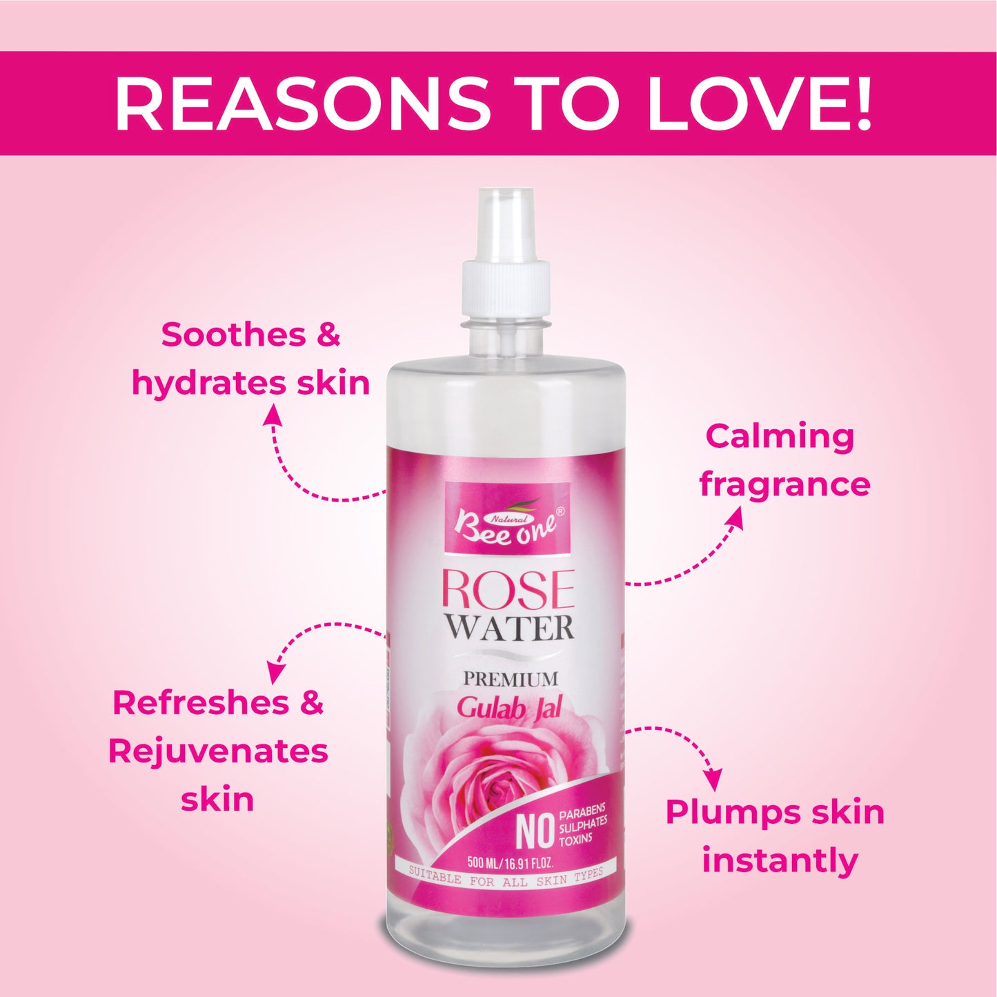 Bee One Rose Water 500ml | Natural Facial Toner & Cleanser | Hydrating Face Mist & Makeup Setting Spray for Glowing Skin | Pure Gulabjal for Pore Care, Brightening & All Skin Types