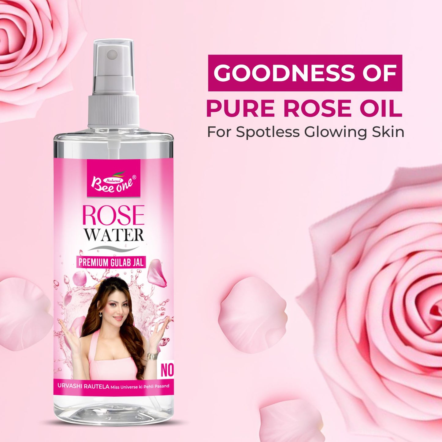 Bee One Rose Water 500ml | Natural Facial Toner & Cleanser | Hydrating Face Mist & Makeup Setting Spray for Glowing Skin | Pure Gulabjal for Pore Care, Brightening & All Skin Types