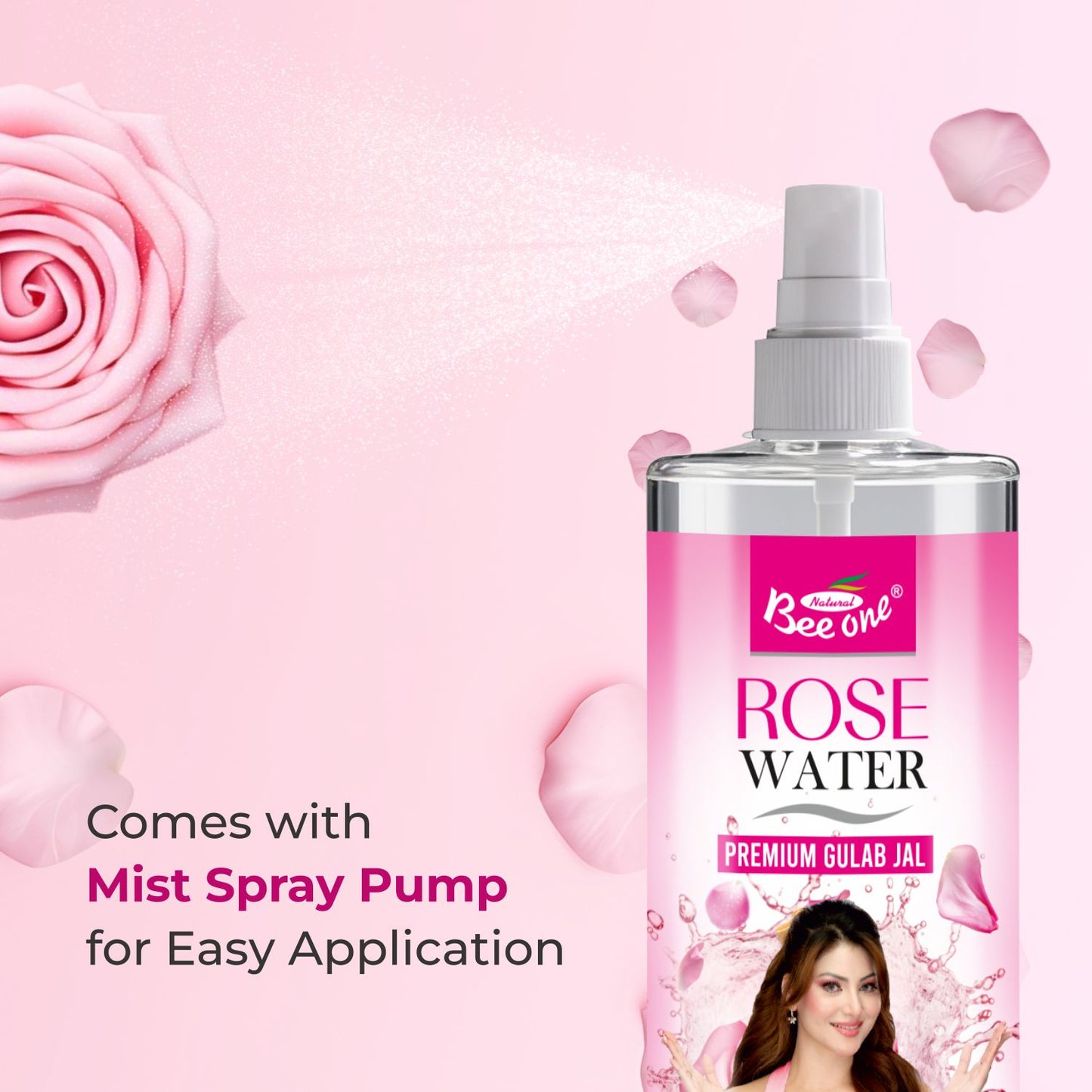 Bee One Rose Water 500ml | Natural Facial Toner & Cleanser | Hydrating Face Mist & Makeup Setting Spray for Glowing Skin | Pure Gulabjal for Pore Care, Brightening & All Skin Types