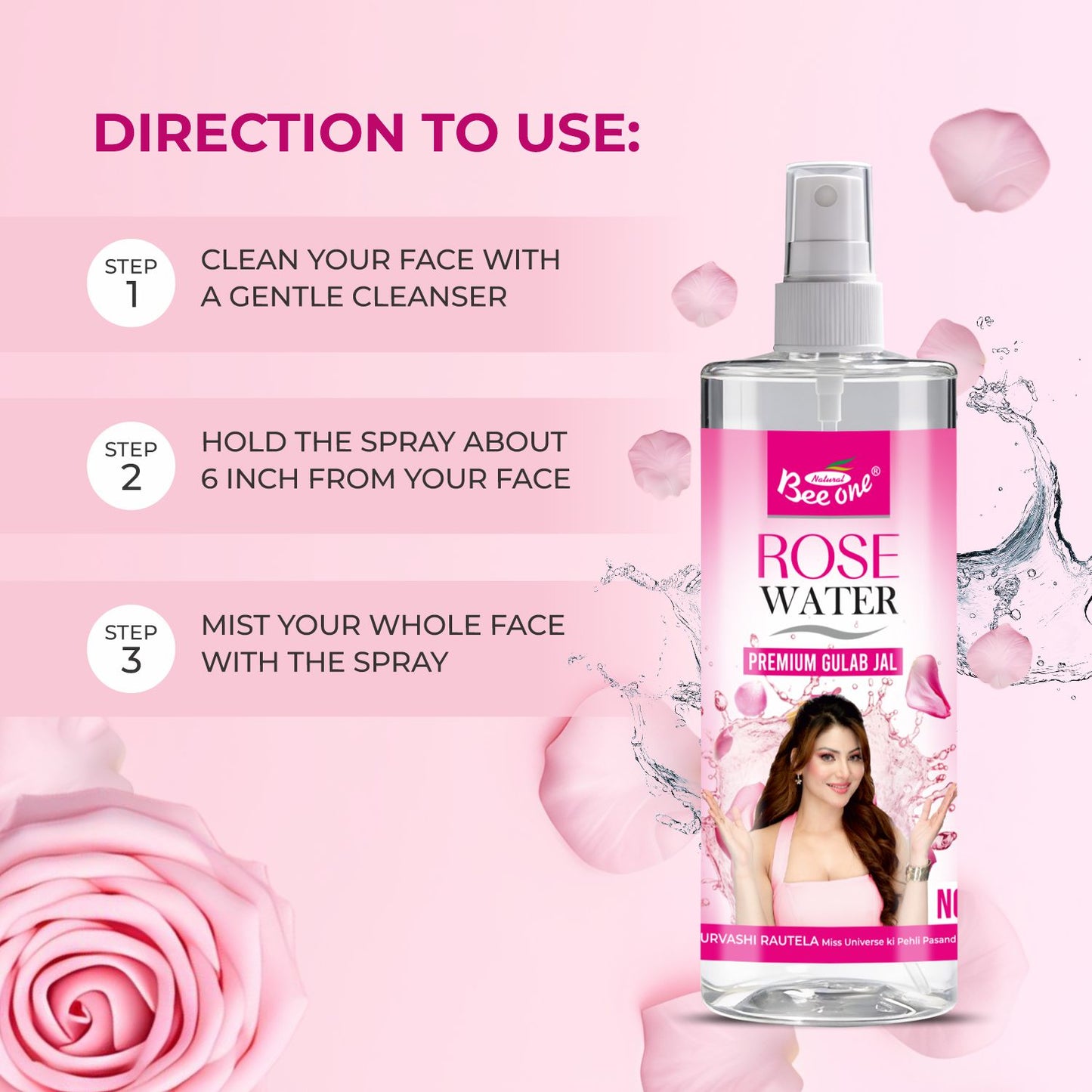 Bee One Rose Water 1000ml | Natural Facial Toner & Cleanser | Hydrating Face Mist & Makeup Setting Spray for Glowing Skin | Pure Gulabjal for Pore Care, Brightening & All Skin Types