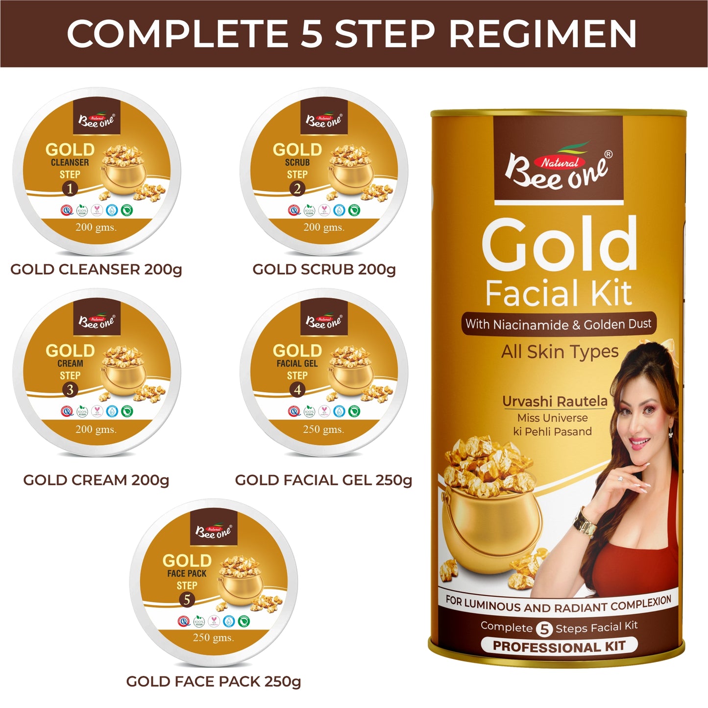 Bee One 24K Gold Facial Kit (1100g) | 5 Steps Premium Salon Style Facial At Home | Hydrating & Nourishing | Bright & Instant Glow | Exfoliates, Anti-Aging Formula | Suitable for All Skin Types