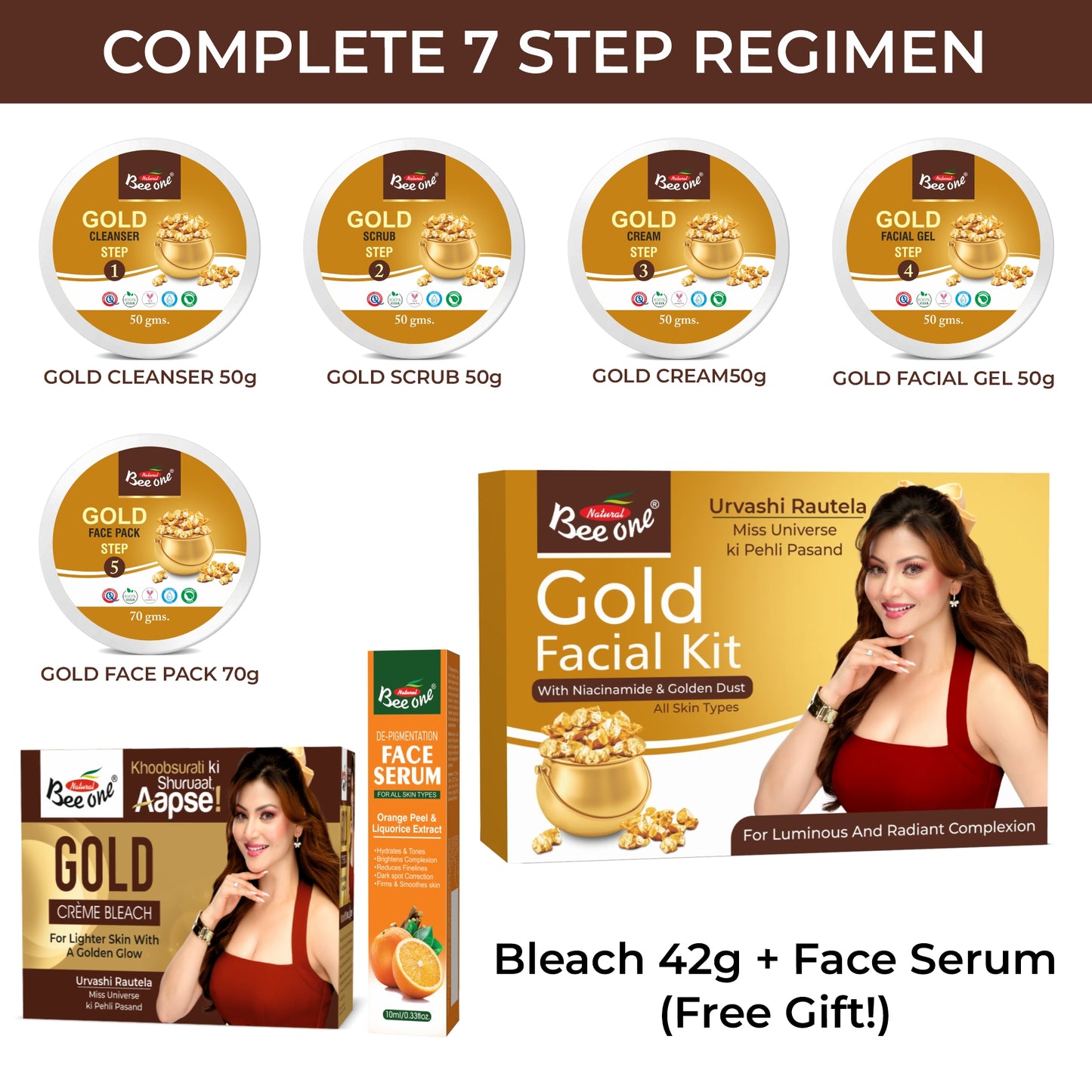 Bee One 24K Gold Facial Kit (312g) | 7 in 1 Steps Premium Salon Style Facial At Home | Hydrating & Nourishing | Bright & Instant Glow | Exfoliates, Anti-Aging Formula | Suitable for All Skin Types